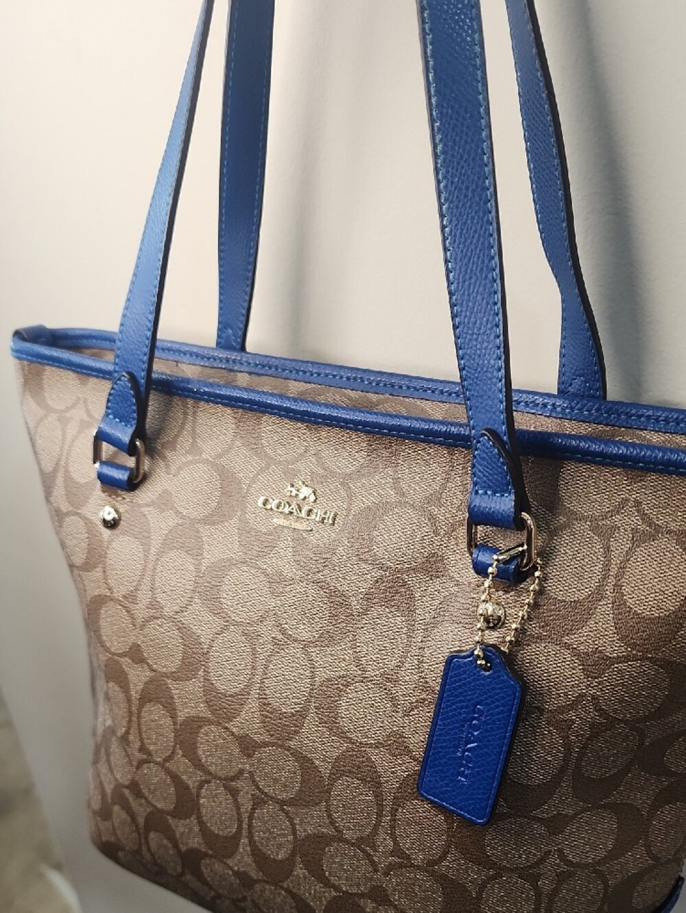 Coach Brown Signature Canvas Tote with Blue Trim - Picture 3 of 17
